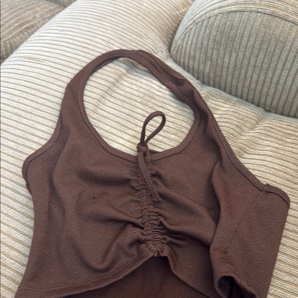H&M Brown Ruched Tie Front Crop Tank Top